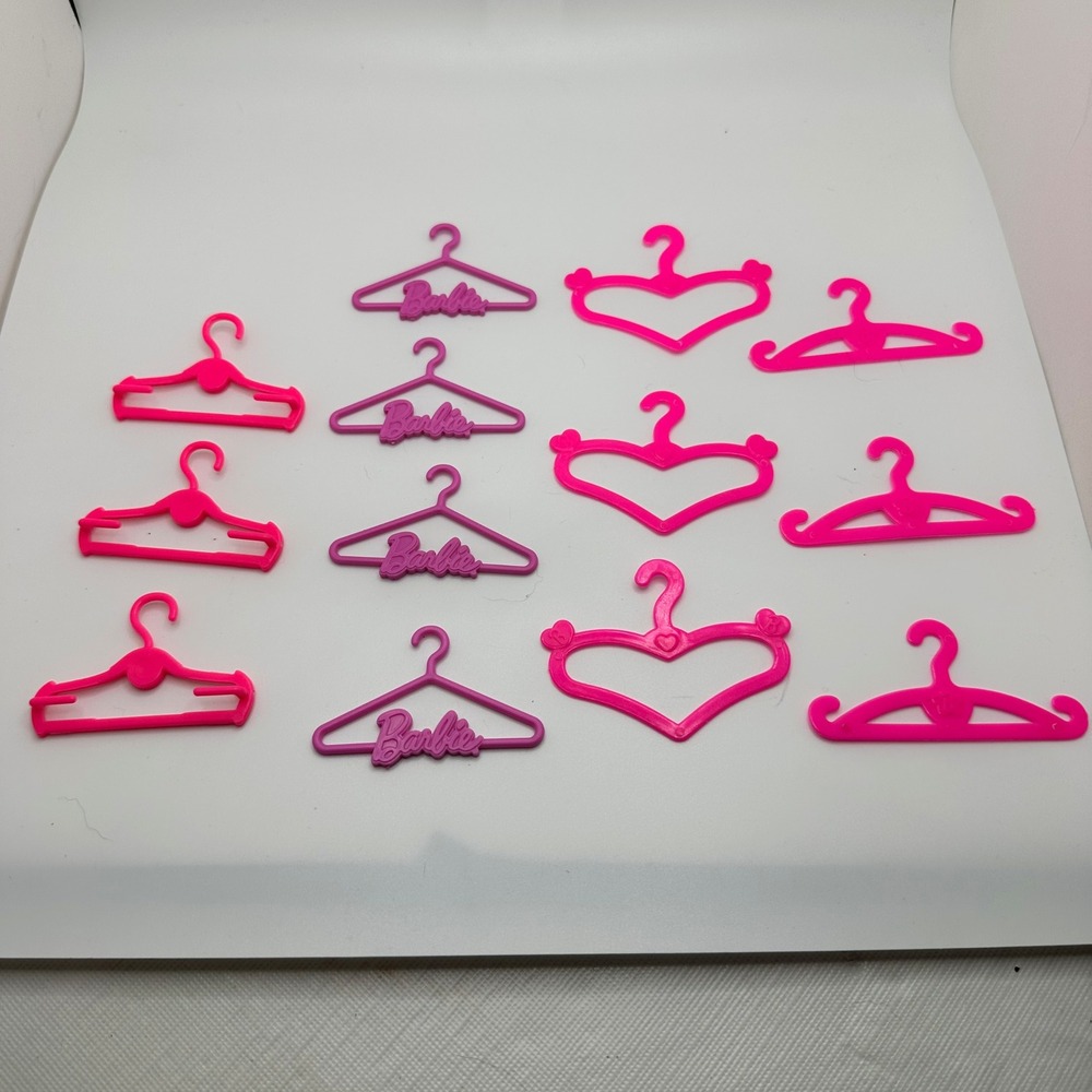Barbie Doll Clothes Hangers Lot of 13 Pink Purple Heart Logo Vintage Accessories
